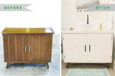 Before and after photo of a dresser turned bath vanity