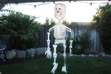 skeleton made out of milk jugs hanging outside