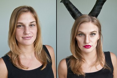 a before and after photo, a woman without makeup and a woman with a maleficent makeup look...
