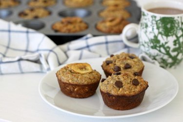 Oatmeal protein muffins with chocolate chips and banana chips