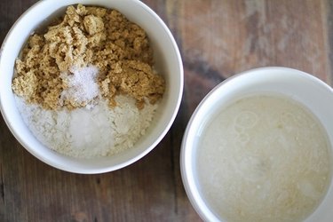 Separate bowls of ingredients for wet and dry ingredients.