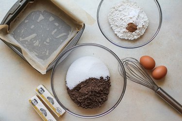 Ingredients to make gluten-free fudge brownies