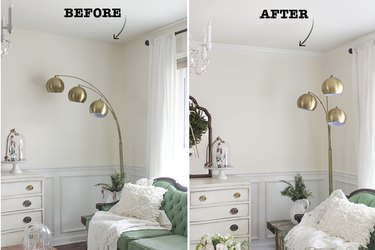 Before and after of room with crown molding.