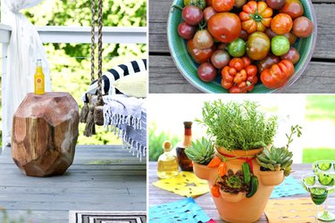 a side table made from a tree trunk, a bowl of tomatoes, an herb garden in a pot.