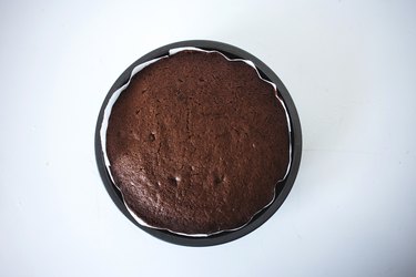 A cake layer cooling in its pan.