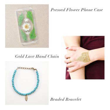 pressed flower phone case, gold lace hand chain, beaded bracelet