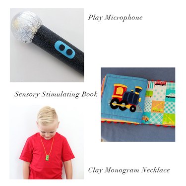 play microphone, sensory book, clay monogram necklace