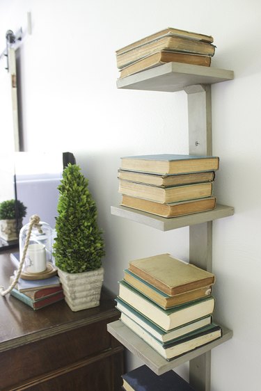 Spine bookshelf mounted on wall.