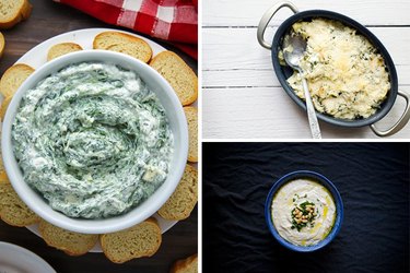 Delicious dips such as spinach and artichoke, and hummus dip.