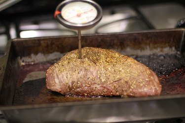 Tri-tip with a thermometer in it