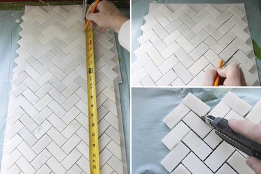 Cutting partial square mosaic tile.
