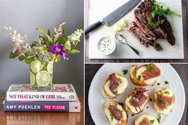 floral centerpiece, skirt steak and a prosciutto crostini