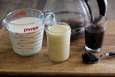 Ingredients for coffee ice cream in individual containers