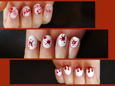 Final pictures of the three blood splatter nail art techniques.