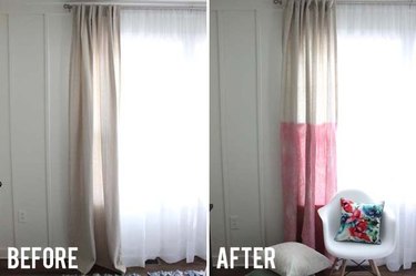 Before and After photos of beige curtains into two toned red and beige