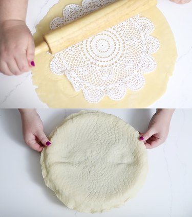 Rolling lace doily into pie dough