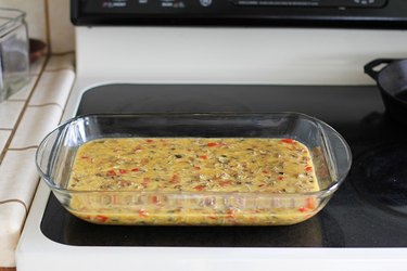 Egg mixture inside a casserole dish