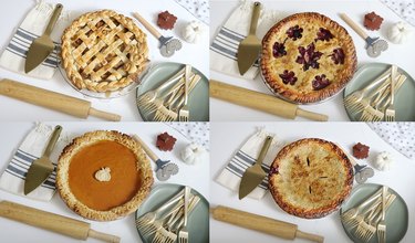 Four different pies decorated with all of the techniques above