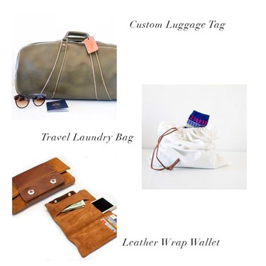 luggage tag, travel laundry bag, leather wrap wallet