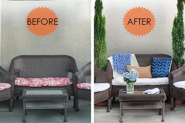 Before and after of patio cushions covered with canvas drop cloth