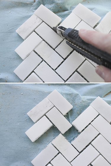 Cutting mesh on tile.