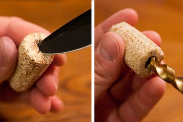 Use a pocket knife and drill to create a bowl to house the tobacco.