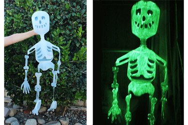 Glow in the dark skeleton made from milk jugs.