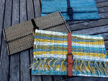 Upcycled no-sew clutches from placemats and faux leather belts