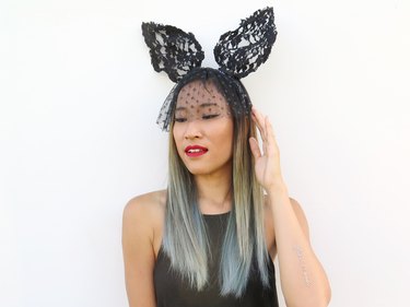 Wearing the lace bunny ears.