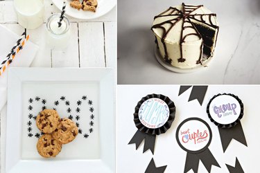 cookie tray, spider web cake and costume ribbons.