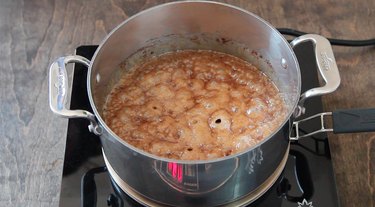 Boiling caramel in 2-quart pan.