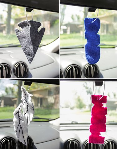 Collage of 4 photos, each of the different homemade car air fresheners provided in this tutorial, hanging from a car rear view mirror.