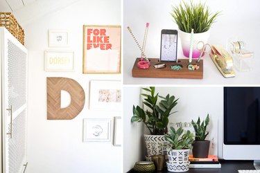 Herringbone letter, wooden desk organizer, and desk plants.