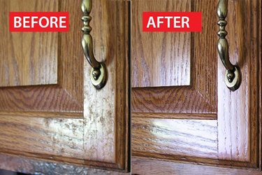 Before and after photos of cleaned kitchen cabinets