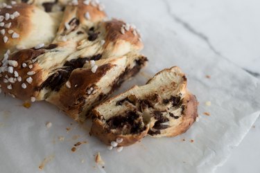 This challah is an incredibly enriched bread that's studded with melted chocolate chips.