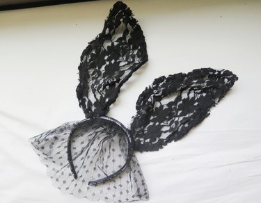 The finished lace bunny ears with a veil.