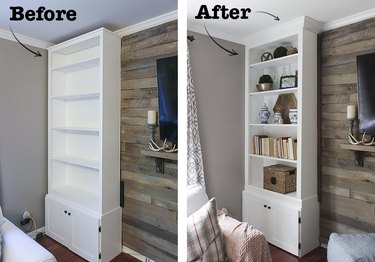 Prefab bookcase before and after 'built-in' treatment