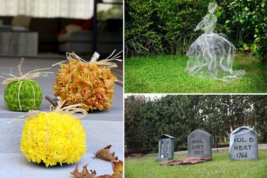 Halloween decoration ideas including floral pumpkins, chicken wire ghost, and cardboard tombstones.