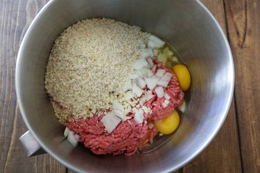 Mixing bowl with meatloaf ingredients