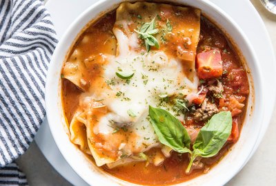 top down photo of a bowl of lasagna soup