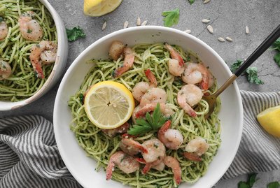 Kale pesto pasta with lemon garlic shrimp