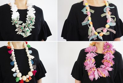 Four different graduation lei styles: money, candy, beads, flowers