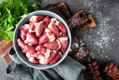 Fresh raw turkey giblets.