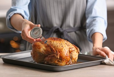 Young woman measuring temperature of whole roasted turkey with meat thermometer