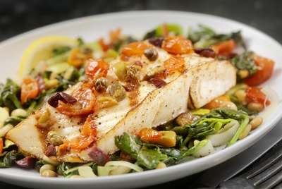 Grilled Halibut with Capers,Olives and Tomatoes