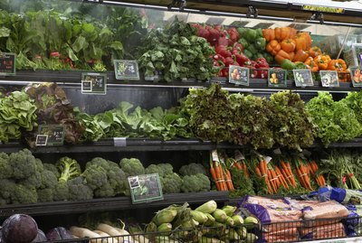 Produce aisle in supermarket, close-up