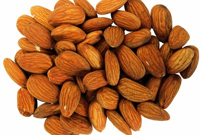 close-up of unpeeled almonds