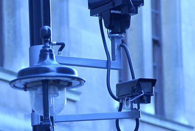 Security camera mounted on post