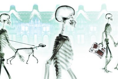 Skeletons walking through neighborhood