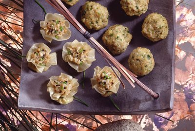 Pork and shrimp balls and wonton blossoms